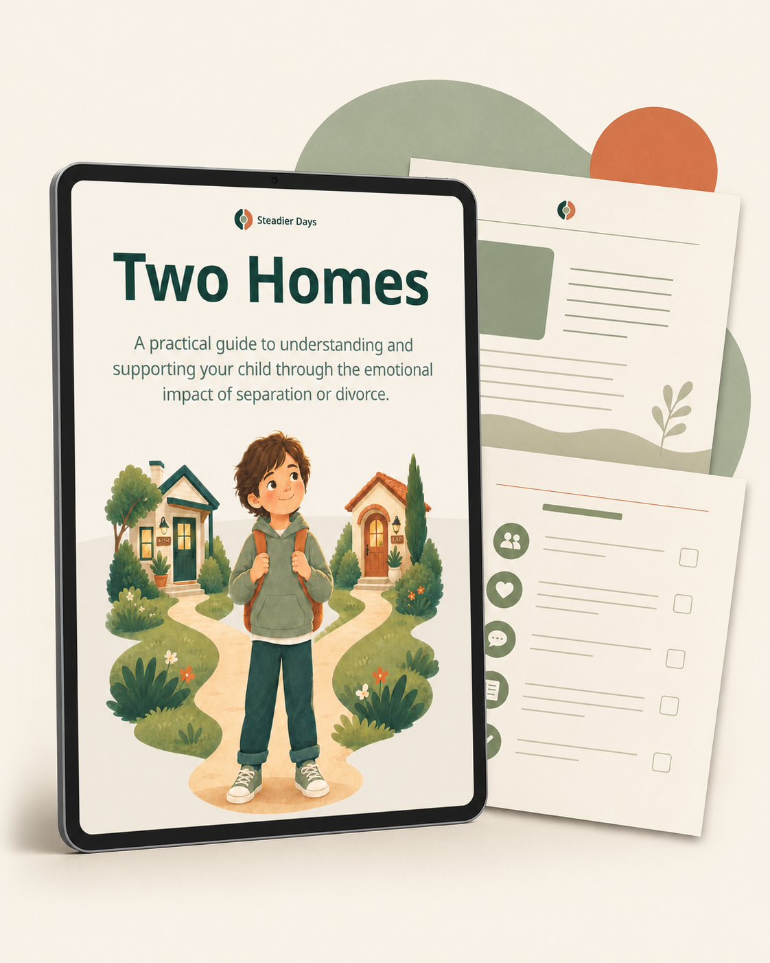 The Two Homes digital guide shown on a tablet with practical guide pages behind it.
